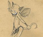  barely_contained big_ears clothing erection greyscale holding_tail horn imp looking_at_viewer male monochrome nipples pencil_(artwork) pinup pose sharp_teeth side_view slim solo spade_tail standing teasing teeth tenting thong tongue tongue_out traditional_media_(artwork) tush tush_(character) 