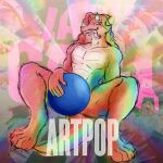 1:1 album_cover anthro artpop ball chameleon cover covering covering_crotch covering_penis covering_self detailed_background feet full_body_view green_eyes hair hi_res horn kaisitou14 lady_gaga lgbt_pride lizard looking_at_viewer male multicolored_body multicolored_hair muscular nipples nude nude_male pop_art rainbow rainbow_body rainbow_hair raised_head reptile reptilian_tail scalie sitting solo spread_legs spreading tail text tongue tongue_out venus_(kaisitou14)