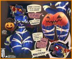 ankh anthro big_breasts blue_body blue_fur blush bodypaint border breasts capcom covering covering_breasts dialogue dragon ear_piercing embarrassing_exposure english_text european_mythology featureless_crotch female flying_wyvern fur genitals halloween hi_res holidays huge_thighs jack-o'-lantern mammal monster_hunter mummy_costume mummy_wrappings mythological_creature mythological_scalie mythology nargacuga offscreen_character orange_border pentarch piercing pumpkin_butt raised_tail scalie sharp_teeth small_waist solo speech_bubble tail teeth text thick_thighs trick-or-treating vulva western_dragon wide_hips wyvern yellow_eyes