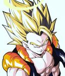  1boy artist_name black_jacket blonde_hair closed_mouth dragon_ball dragon_ball_z fenyon from_above gogeta green_eyes halo highres jacket looking_up male_focus muscular muscular_male open_clothes open_jacket serious short_hair simple_background solo spiked_hair super_saiyan super_saiyan_1 toriyama_akira_(style) traditional_halo upper_body white_background 