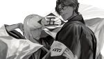  2boys aizen_sousuke ajuji_aju bleach blunt_bangs commentary_request floating_hair glasses greyscale hand_on_own_head highres hirako_shinji japanese_clothes long_hair looking_at_viewer male_focus monochrome multiple_boys parted_lips rectangular_eyewear short_hair simple_background translation_request white_background 
