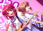  2girls :d acoustic_guitar ahoge angel_beats! blue_skirt blush brown_eyes brown_hair commentary_request cowboy_shot dutch_angle floating_hair guitar hair_between_eyes hisako_(angel_beats!) holding holding_guitar holding_instrument instrument iwasawa_masami long_hair long_sleeves looking_at_viewer medium_hair multiple_girls music neckerchief open_mouth pink_neckerchief playing_guitar playing_instrument pleated_skirt ponytail profile red_eyes red_hair shinda_sekai_sensen_uniform shirt sidelocks skirt smile sweatdrop teeth upper_teeth_only white_shirt zen_(kamuro) 