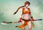  &gt;:) breasts brown_eyes brown_hair closed_mouth collarbone commentary cowboy_shot fingerless_gloves gloves groin headband holding holding_weapon long_hair looking_at_viewer low_ponytail medium_breasts midriff navel pelvic_curtain polearm ponytail seong_mi-na smile solo soulcalibur spear v-shaped_eyebrows watermark weapon web_address ynorka_chiu 