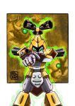  aiming aiming_at_viewer aiming_up artist_logo commentary deviantart english_commentary full_body glowing glowing_eyes green_eyes gun hand_on_own_arm highres holding holding_gun holding_weapon humanoid_robot logo mecha medarot metabee robot standing tokasenseigg weapon 