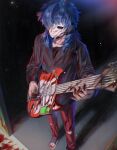  1boy absurdres black_shirt blood blood_on_clothes blood_on_face blood_on_ground blood_on_instrument blood_on_shoes blood_splatter blue_eyes blue_hair closed_mouth earrings electric_guitar feet_out_of_frame fender_stratocaster full_body guitar guitar_strap hashtag-only_commentary highres holding holding_guitar holding_instrument holding_plectrum instrument jewelry jtinsjng1 long_sleeves male_focus music pants playing_guitar playing_instrument plectrum red_pants sal_fisher sally_face shirt solo standing torn_clothes torn_pants white_mask 