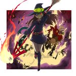  ;d boots broom brown_hair burning cockatrice commentary_request crazy_grin death fire full_body glowing glowing_eye grin hat kagari_atsuko knee_boots little_witch_academia long_hair momojiri_tarou one_eye_closed open_mouth polearm red_eyes smile spear straight_hair weapon witch witch_hat 