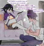  2boys aegyo_sal barefoot black_hair blush chips_(food) collarbone commentary controller couch danganronpa_(series) danganronpa_v3:_killing_harmony eating english_commentary english_text facial_hair fake_pregnancy flipped_hair food foot_massage goatee hair_between_eyes highres holding holding_controller holding_remote_control hood hoodie implied_male_pregnancy indoors kneeling long_sleeves male_focus medium_hair miri_(bossu_osu) momota_kaito multiple_boys oma_kokichi on_couch pale_skin pants pillow purple_eyes purple_facial_hair purple_hair remote_control rubbing shirt short_hair shorts sitting size_difference soles speech_bubble spiked_hair talking toes white_shirt yaoi 