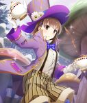  1girl :o alice's_adventures_in_wonderland arm_up blue_bow blue_bowtie blue_ribbon blush bow bowtie breasts brown_hair brown_shirt brown_shorts buttons checkered_bow checkered_bowtie checkered_clothes cloud club_(shape) coat cosplay cowboy_shot cup day diamond_(shape) dot_nose flower game_cg giant_mushroom gloves hair_ornament hairclip hat hat_flower hat_ribbon heart high_collar holding holding_cup holding_teapot leggings long_sleeves looking_at_viewer mad_hatter_(alice_in_wonderland) mad_hatter_(alice_in_wonderland)_(cosplay) mizushina_waka mushroom official_art open_clothes open_coat outdoors parted_lips pink_eyes pink_pupils pinstripe_shorts pouring purple_bow purple_bowtie purple_coat purple_hat purple_leggings purple_sky ribbon shirt short_hair shorts sky small_breasts solo spade_(shape) sparkle striped_clothes striped_leggings striped_shorts suspenders tea teacup teapot third-party_source toji_no_miko toji_no_miko:_kizamishi_issen_no_tomoshibi top_hat two-tone_bow two-tone_bowtie vertical-striped_clothes vertical-striped_shorts white_flower white_gloves 