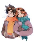  arm_hug brown_hair closed_eyes coat couple emily_(overwatch) freckles hands_in_pockets hug lips long_hair mike_nesbitt multiple_girls orange_hair overwatch scarf short_hair smile snowing spiked_hair tomboy tracer_(overwatch) union_jack winter_clothes winter_coat yuri 