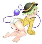  all_fours ass bangs bare_legs bare_shoulders barefoot black_hat blush bow closed_mouth commentary_request eyeball from_side full_body green_eyes green_hair hat hat_bow heart komeiji_koishi long_sleeves looking_at_viewer looking_to_the_side no_pants off_shoulder panties profile rimu_(kingyo_origin) sleeves_past_wrists smile solo strap_slip sweater third_eye touhou underwear white_background white_panties yellow_bow 