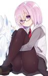  bangs black-framed_eyewear black_legwear blush closed_mouth commentary_request eye_contact eyebrows_visible_through_hair fate/grand_order fate_(series) fou_(fate/grand_order) glasses hair_between_eyes lavender_hair legs_together looking_at_another mash_kyrielight panties panties_under_pantyhose pantyhose purple_eyes purple_hair shoes short_hair simple_background smile solo thighs underwear watanon_(gakushokutei) white_background white_panties 