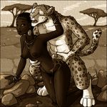  2017 anthro areola athletic breasts butt cum cum_on_butt cum_on_penis duo ear_piercing eyes_closed feline female hand_on_stomach human human_on_anthro humanoid_penis interspecies jewelry kneeling leopard male male/female mammal navel necklace netherwulf nipples nude open_mouth outside penis piercing pubes rock sky spots tree 