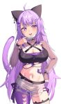  1girl absurdres ahoge animal_ears asymmetrical_legwear belt black_belt breasts cat_hair_ornament cat_tail cleavage clothing_cutout earrings english_commentary fishnet_thighhighs fishnets hair_ornament hairclip heart_cutout highres hololive jewelry long_hair mask mask_pull mouth_mask navel nekomata_okayu pantyhose purple_eyes purple_hair purple_pantyhose rooby_n shorts single_leg_pantyhose solo stomach tail thighhighs tongue torn_clothes torn_shorts virtual_youtuber white_background white_mask white_shorts 