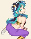  1girl animal_print ass back bare_shoulders blush boots breasts clip_studio_paint_(medium) commentary cone_horns english_commentary eyeshadow gradient_hair green_eyeshadow green_hair highres horns long_hair looking_at_viewer looking_back lum makeup mamanooke midriff multicolored_hair oni open_mouth pants pointy_ears ponytail purple_pants sideboob sidelocks sitting solo strapless sweatpants tiger_print tube_top urusei_yatsura wariza white_background yellow_boots yellow_eyes yellow_tube_top 