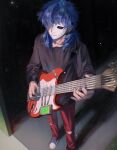  1boy absurdres black_shirt blue_eyes blue_hair closed_mouth earrings electric_guitar feet_out_of_frame fender_stratocaster full_body guitar guitar_strap hashtag-only_commentary highres holding holding_guitar holding_instrument holding_plectrum instrument jewelry jtinsjng1 long_sleeves male_focus music pants playing_guitar playing_instrument plectrum red_pants sal_fisher sally_face shirt solo standing torn_clothes torn_pants white_mask 