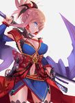  blue_eyes breasts cleavage detached_sleeves dual_wielding earrings fate/grand_order fate_(series) folded_ponytail highres holding japanese_clothes jewelry katana large_breasts midriff miyamoto_musashi_(fate/grand_order) navel sawawse solo sword weapon 