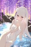  1girl bathing breasts commentary covering_privates emilia_(re:zero) grey_hair highres holding holding_towel kyouko_(choco_puddinq) long_hair looking_at_viewer medium_breasts naked_towel nude_cover onsen partially_submerged pointy_ears re:zero_kara_hajimeru_isekai_seikatsu symbol-only_commentary towel water 