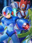  2boys arm_cannon armor blonde_hair blue_armor blue_eyes blue_helmet cowboy_shot glint green_eyes helmet highres kiwakiwa long_hair looking_at_viewer male_focus mega_man_(series) mega_man_x_(series) multiple_boys red_armor red_helmet weapon x_(mega_man) zero_(mega_man) 