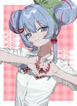  1girl blue_eyes blue_hair border bow cherry_earrings cherry_pop_(vocaloid) collared_shirt commentary double_bun earrings fake_nails food-themed_earrings green_bow hair_bow hair_bun hair_ornament hatsune_miku head_tilt heart heart_hair_ornament heart_hands highres jewelry looking_at_viewer multicolored_hair mumukyabi pink_background plaid_background red_hair red_nails red_pupils shirt sidelocks sleeves_rolled_up smile solo streaked_hair symbol-only_commentary thumbs_down thumbs_down_heart_hands upper_body vocaloid white_border white_shirt 
