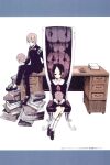  1boy 1girl absurdres akasaka_aka black_hair blonde_hair book brain chair desk highres holding_brain jacket kaguya-sama_wa_kokurasetai_~tensai-tachi_no_renai_zunousen~ long_hair long_sleeves non-web_source official_art on_chair on_desk pants school_uniform shinomiya_kaguya shirogane_miyuki shoes short_hair shuuchiin_academy_school_uniform sitting white_background 