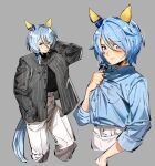  1girl adjusting_clothes animal_ears arm_behind_head black_shirt blue_eyes blue_hair blue_shirt breast_pocket closed_mouth collared_shirt cropped_legs denim dress_shirt ear_covers ear_ornament eyelashes grey_background grey_jacket hair_between_eyes hair_tubes hand_on_own_hip happy high-waist_skirt highres horse_ears horse_girl horse_tail jacket jeans k.s.miracle_(casual)_(umamusume) k.s.miracle_(umamusume) light_blush long_sleeves looking_at_viewer multiple_views open_clothes open_jacket pants pdvl pocket shirt short_hair_with_long_locks simple_background single_hair_tube single_sidelock skirt sleeve_cuffs sleeves_past_wrists smile striped_clothes striped_jacket sweat tail turtleneck turtleneck_shirt umamusume vertical-striped_clothes vertical-striped_jacket white_pants 