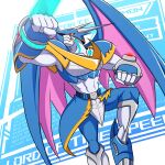  absurdres arm_blade armor blue_armor blue_background character_name commentary digimoji digimon digimon_(creature) dragon energy_sword english_commentary festus_flare highres holographic_interface red_eyes solo sword ulforcev-dramon weapon white_background 