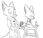  angry anthro brush canine clothed clothing dipstick_ears disney duo fennec finnick fox half-closed_eyes male mammal monochrome necktie nick_wilde shirt sitting size_difference stool visiti zootopia 