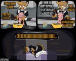 2026 3_panel_comic anthro apron arm_tuft artist_name balthy_(suitedwolfie) biped black_blush black_bow_tie black_clothing black_topwear blush blush_lines bow_tie bowl brown_body brown_fur brown_nose canid canine cheek_tuft clothed clothing comic container cookie cookie_dough cramped crossdressing curled_tail cutlery detailed_background digital_drawing_(artwork) digital_media_(artwork) dipstick_ears ear_markings elbow_tuft ellipsis english_text exclamation_point eyebrows eyelashes eyes_closed facial_tuft fangs femboy flour food food_poisoning fox fur furniture gloves_(marking) head_tuft hi_res holding_object holding_spoon holding_stomach humor inside instant_regret kitchen kitchen_cabinet kitchen_sink kitchen_utensils legwear looking_at_object lying maid_uniform male mammal markings mattress mattress_on_floor mole_(marking) multicolored_ears offscreen_character on_side open_mouth orange_body orange_fur orange_tail pain pie_(food) pink_apron pink_clothing pink_topwear pupils question question_mark red_fox shaded sink slit_pupils sniffing solo spoon stomach_pain suitedwolfie table tail teeth text thigh_highs tongue tongue_out tools topwear true_fox tuft uniform watermark white_body white_clothing white_eyes white_fur white_legwear white_thigh_highs white_topwear