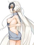  ahoge alternate_costume ass backless_dress backless_outfit bangs bare_back bare_shoulders braid breasts butt_crack covered_nipples cowboy_shot dress eyebrows_visible_through_hair fate/grand_order fate_(series) from_side halterneck headpiece jeanne_d'arc_(alter)_(fate) jeanne_d'arc_(fate)_(all) large_breasts long_hair looking_at_viewer looking_to_the_side meme_attire panties parted_lips ribbed_sweater ribbon self_shot sideboob silver_hair simple_background single_braid smile solo sweater sweater_dress totto turtleneck turtleneck_sweater underwear very_long_hair virgin_killer_sweater white_background yellow_eyes 