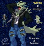 absurd_res anthro asian_clothing blue_bottomwear blue_clothing blue_pants bottomwear chain_necklace clothing danganronpa danganronpa_2 east_asian_clothing english_text eyes_closed gakuran generation_2_pokemon go-two hand_on_head hi_res japanese_clothing japanese_school_uniform jewelry kaiju laugh male necklace nekomaru_nidai nintendo pants pokemon pokemon_(species) school_uniform solo spike_chunsoft spiked_tail spikes spikes_(anatomy) tail text torn_bottomwear torn_clothing torn_pants tyranitar uniform