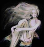  1girl \n/ absurdres aegyo_sal back_fin black_background blonde_hair blush commentary curled_up english_commentary facial_mark floating_hair highres long_hair looking_at_viewer mermaid monster_girl original shoulder_fins simple_background solo twulfs yellow_eyes 