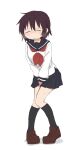  1girl between_legs black_socks blue_sailor_collar blue_skirt blush breath brown_hair brown_shoes closed_eyes closed_mouth commentary_request embarrassed flat_chest full_body hand_between_legs have_to_pee heel_up highres kneehighs knees_together_feet_apart kude_rei_(ponnu_(tnpn2yw)) large_variant_set leaning_forward long_sleeves miniskirt neckerchief nose_blush original own_hands_together pigeon-toed pleated_skirt ponnu_(tnpn2yw) red_neckerchief sailor_collar school_uniform serafuku shirt shoes short_hair sidelocks simple_background skirt socks solo standing sweat v_arms variant_set white_background white_shirt 