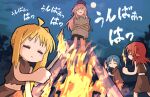  4girls ahoge blank_eyes blonde_hair blue_hair blue_sky bocchi_the_rock! brown_cloak brown_shirt brown_skirt cloak closed_eyes commentary fire full_moon gotoh_hitori highres holding holding_torch ijichi_nijika kessoku_band kita_ikuyo long_hair medium_hair midriff moon multiple_girls navel night one_side_up pink_hair red_hair restrained shirt short_sleeves side_ponytail sidelocks skirt sky torch yamada_ryo yukitake_(bullfalk) 