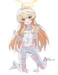  1girl :o ahoge bandaged_arm bandaged_chest bandaged_fingers bandaged_foot bandaged_hand bandaged_head bandaged_leg bandaged_neck bandages bare_shoulders blonde_hair blue_archive blush brown_eyes claw_pose commentary covered_nipples fang flat_chest full_body hair_between_eyes hair_intakes halloween_costume halo hands_up highres kneeling long_hair mummy_costume naked_bandage navel official_alternate_costume official_alternate_hairstyle open_mouth pink_pupils sidelocks simple_background skin_fang solo toenails toes toiuwake8140 v-shaped_eyebrows very_long_hair white_background yellow_halo yoshimi_(blue_archive) yoshimi_(halloween)_(blue_archive) 
