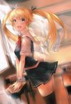  :d black_legwear black_ribbon blonde_hair blue_eyes bow bowtie classroom desk floating_hair grisaia_(series) grisaia_no_kajitsu hair_ribbon highres indoors kyol-2 long_hair matsushima_michiru open_mouth red_bow ribbon smile solo standing thighhighs twintails zettai_ryouiki 