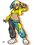  1girl agongaaka bandeau belt black_belt breasts canari_(pokemon) commentary_request cropped_jacket full_body hand_up holding holding_poke_ball hood hood_down hooded_jacket jacket long_sleeves looking_at_viewer mask mouth_mask multicolored_hair multicolored_nails nail_polish navel pants poke_ball poke_ball_(basic) pokemon pokemon_legends:_z-a shoes solo standing twintails white_shoes yellow_bandeau yellow_jacket zipper zipper_pull_tab 