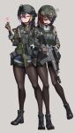  2girls absurdres alina_svard_kovalenko_(laotianaviator) ammunition_pouch annoyed assault_rifle aviator_sunglasses belt black_boots black_pantyhose black_shorts blonde_hair blue_hair blue_shorts blush boots brown_gloves brown_hair bt_(user_udwc7853) buckle camouflage camouflage_jacket collared_shirt colored_inner_hair colored_tips combat_boots combat_helmet commentary commission denim denim_shorts dress_shirt ear_protection english_commentary finger_heart flying_sweatdrops foregrip full_body gloves green_belt green_jacket grey_background grey_hair grin gun hair_between_eyes heart helmet heterochromia highres holding holding_gun holding_weapon holster jacket laser_sight load_bearing_vest looking_at_another looking_at_viewer magazine_(weapon) multicolored_hair multiple_girls one_eye_closed open_clothes open_jacket open_mouth optical_sight original pantyhose pouch purple_hair red_eyes red_hair rifle scissors seoyun_kovalenko_(laotianaviator) shirt short_shorts shorts side-by-side simple_background small_sweatdrop smile snap-fit_buckle standing sunglasses suppressor tactical_clothes thigh_belt thigh_strap thighband_pantyhose trigger_discipline walkie-talkie weapon weapon_request white_background white_shirt yellow_eyes 