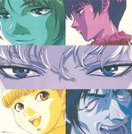  4boys berserk casca close-up column_lineup corkus eyes freckles griffith hair_between_eyes highres judeau looking_at_viewer multiple_boys multiple_monochrome official_art open_mouth portrait profile rickert short_hair teeth 