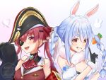  2girls animal_ears ascot black_choker black_coat black_gloves black_hat breasts choker closed_mouth coat commentary_request don-chan_(usada_pekora) dress eyepatch frilled_choker frills fur-trimmed_gloves fur_trim gloves hat highres hololive houshou_marine houshou_marine_(1st_costume) jacket kokonaru_illust large_breasts leotard leotard_under_clothes long_hair looking_at_viewer multicolored_hair multiple_girls open_mouth orange_eyes pirate_hat rabbit-shaped_pupils rabbit_ears rabbit_girl red_ascot red_eyes red_hair red_jacket red_ribbon ribbon sleeveless sleeveless_jacket sleeves_past_fingers sleeves_past_wrists small_breasts smile symbol-shaped_pupils two-tone_hair usada_pekora usada_pekora_(1st_costume) virtual_youtuber white_background white_dress white_hair 