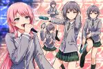  2girls bang_dream! bang_dream!_it's_mygo!!!!! brown_eyes chihaya_anon collared_shirt commentary diagonal-striped_clothes diagonal-striped_necktie expressionless green_necktie green_skirt grey_eyes grey_jacket haneoka_school_uniform highres holding holding_microphone instrument jacket karaoke leg_up long_hair long_sleeves microphone miniskirt multiple_girls multiple_views music necktie pink_background pink_hair plaid_clothes plaid_skirt playing_instrument pleated_skirt school_uniform shirt singing skirt standing striped_clothes takamatsu_tomori tambourine white_shirt winter_uniform yukitake_(bullfalk) 