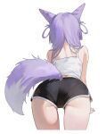  1girl absurdres animal_ears ass ass_focus back bent_over commentary_request dolphin_shorts facing_away from_behind highres korean_commentary nbee_ya presenting presenting_ass purple_hair purple_tail shorts stellive tail tank_top tenko_shibuki white_background white_tank_top 