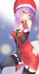  black_gloves black_legwear boots box breasts choker christmas dress elbow_gloves garter_straps gift gift_box gloves hat highres kurai_masaru large_breasts original purple_hair red_dress red_gloves sack santa_boots santa_costume santa_hat sitting solo thighhighs yellow_eyes 