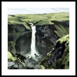  absurdres animal border clear_sky climbing commentary day highres mountainous_horizon nature no_humans original outdoors painterly scenery sea_spray sky twulfs valley water waterfall white_border 