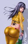  1girl ass bag blush breasts butt_crack dat_ass from_behind huge_ass hyuuga_hinata large_breasts long_hair looking_back naruto naruto_shippuuden pants purple_eyes purple_hair shiny shiny_clothes shiny_hair sideboob smile solo tattoo tight tight_pants yiqiang 