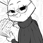  anthro clothed clothing crossed_legs desk disney eyewear female glasses inviting lagomorph lamp looking_at_viewer mammal monochrome paper pen picture_frame rabbit replytoanons smile solo sweater violet_hopps_(zootopia) zootopia 