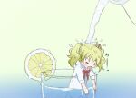  >_< 1girl abstract_background alice_cartelet blonde_hair bow cup deformed drawfag drinking_glass english_commentary food fruit gradient_background hair_ornament hair_stick kin-iro_mosaic lemon lemon_slice lemonade light_blush medium_hair open_mouth red_bow shirt short_twintails solo translated twintails upper_body water wavy_mouth white_shirt 