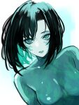  1girl absurdres aqua_eyes aqua_lips aqua_skin arms_at_sides bbguro black_hair blue_background colored_skin commentary completely_nude disillusion disillusion_st green_skin highres leaning_to_the_side looking_at_viewer lower_lip_only medium_hair melpomene_(disillusion) multicolored_skin no_nipples nude painterly parted_lips sanpaku solo symbol-only_commentary topless_female two-tone_background two-tone_skin upper_body white_background white_skin 
