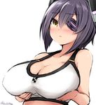  bikini blush breast_hold breasts don_(29219) eyepatch kantai_collection large_breasts looking_at_viewer purple_hair short_hair signature solo swimsuit tenryuu_(kantai_collection) twitter_username upper_body white_background white_bikini yellow_eyes 