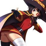  absurdres ass bandages belt black_belt black_hair black_legwear blush cape dress eyepatch fingerless_gloves gloves hat highres kono_subarashii_sekai_ni_shukufuku_wo! looking_at_viewer megumin nase open_mouth red_eyes short_hair single_thighhigh smile solo thighhighs white_background witch_hat 