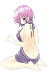  :o absurdres aran_sweater ass backless_dress backless_outfit bangs bare_back bare_shoulders barefoot blush breasts butt_crack commentary_request dress fate/grand_order fate_(series) full_body hair_between_eyes half-closed_eyes halterneck highres kayurayuka large_breasts looking_back looking_down mash_kyrielight meme_attire naked_sweater parted_lips purple_eyes purple_hair ribbed_sweater short_hair shoulder_blades sideboob simple_background sitting sleeveless sleeveless_turtleneck soles solo sweater sweater_dress turtleneck turtleneck_sweater virgin_killer_sweater wariza white_background 